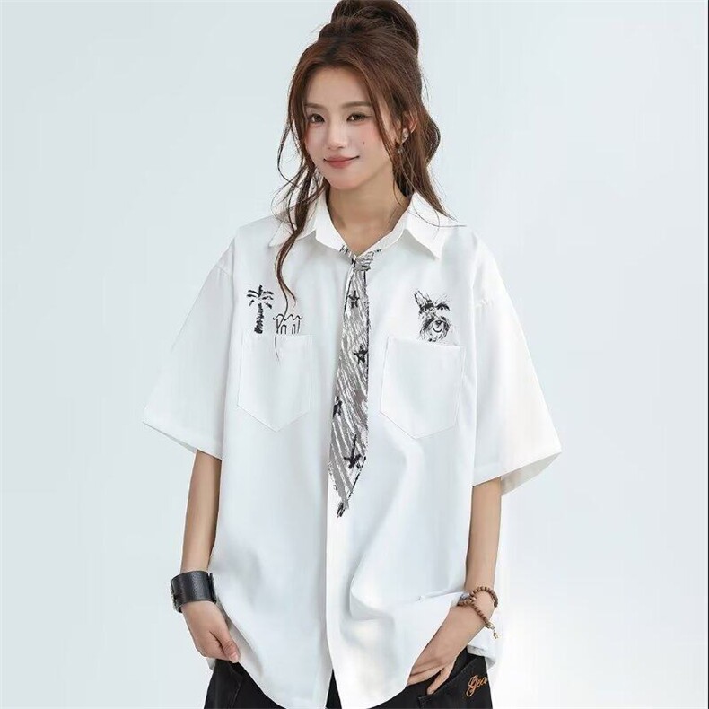 设计感领带涂鸦白色衬衫短袖男女夏季趣味半袖开衫衬衣潮CS384,男装T恤,星座302B-2