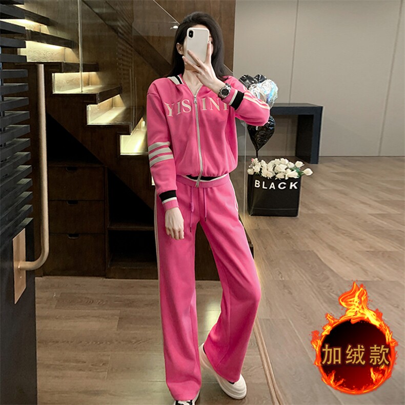 时尚潮流女秋冬加绒新款休闲阔腿裤两件套,女装套装/套裙,江南