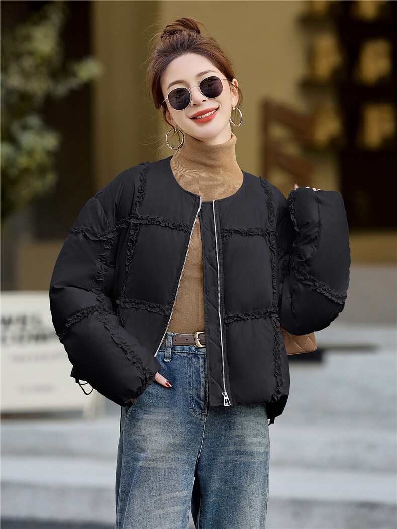 现货2025冬季新款时尚气质百搭圆领保暖舒适立体剪花羽绒服外套,女装羽绒服,时尚俏佳人
