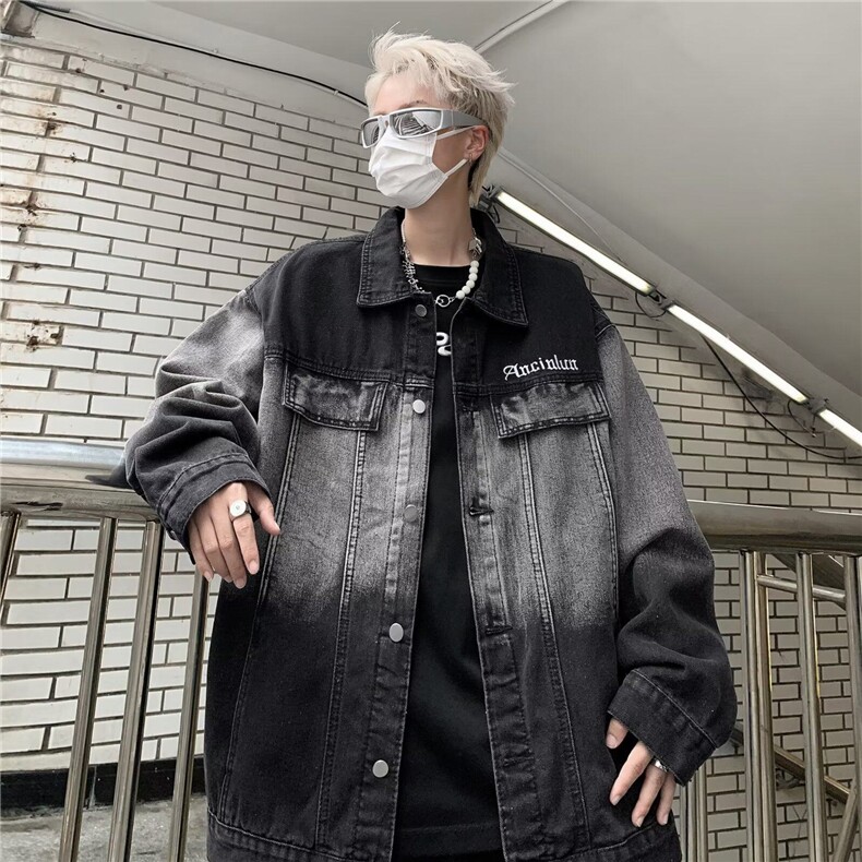 牛仔外套男韩版潮流字母刺绣渐变色宽松2025春季ins上衣W6058-P65，男装工装外套，星座412-2