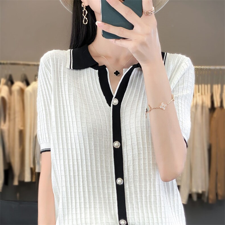 新款女装冰丝针织衫短袖翻领显瘦上衣时尚百搭夏季薄款开衫,针织衫/毛衣,萱芳婷羊绒