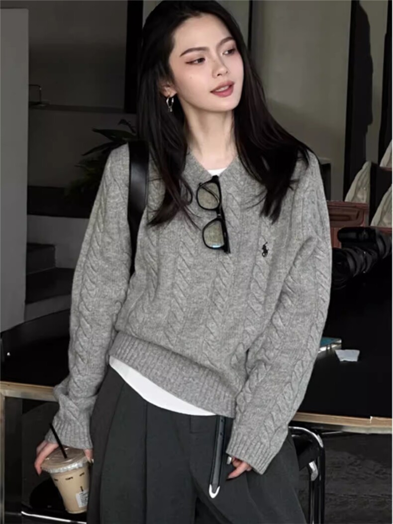 时尚百搭宽松显瘦麻花毛衣女秋冬季新款长袖针织衫慵懒风上衣,针织衫/毛衣,德聚羊绒