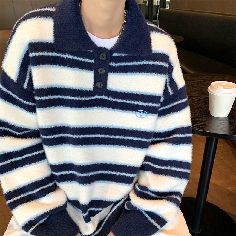 新款polo领撞色条纹针织衫男女慵懒情侣小众韩版学院风外套-M2570,男装针织衫/毛衣,星座601-2