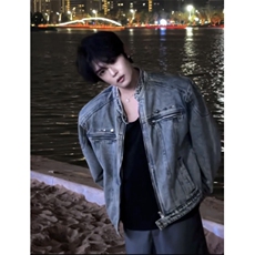 秋季美式高街短款牛仔外套男秋季拉链立领垫肩牛仔衣夹克JJ11P75，男装工装外套，电商D256-1(原A064-1)