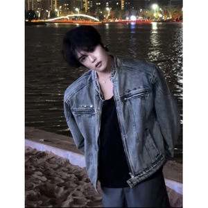 秋季美式高街短款牛仔外套男秋季拉链立领垫肩牛仔衣夹克JJ11 P75图片