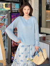 韩系蓝色针织衫碎花半身裙套装女2025春季新款高级感气质两件套潮，女装套装/套裙，浙宝305