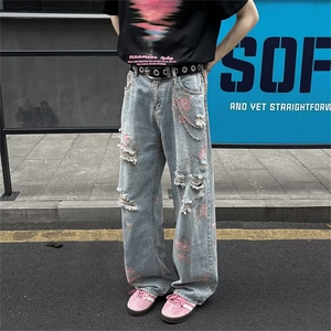 复古水洗牛仔裤男女潮牌宽松百搭直筒长裤男4126 P49图片