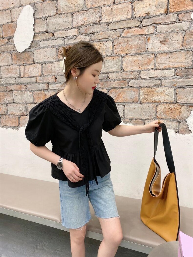 皮肩拼接小上衣，女装，沐·沐