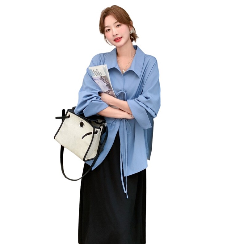蓝色蝴蝶结系带衬衫套装裙女2025秋季新款设计感背心连衣裙两件套,女装套装/套裙,2C198