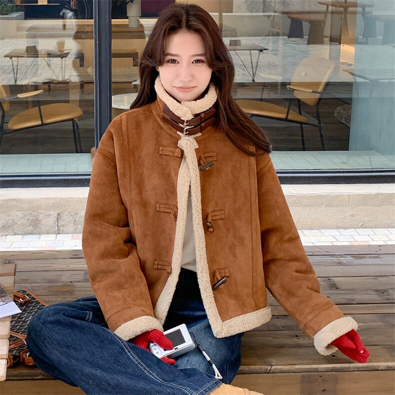 皮毛一体仿羊羔毛外套冬季2024新款小个子加厚仿麂皮绒机车服夹克,女装羊羔毛/颗粒绒,纯色衣恋