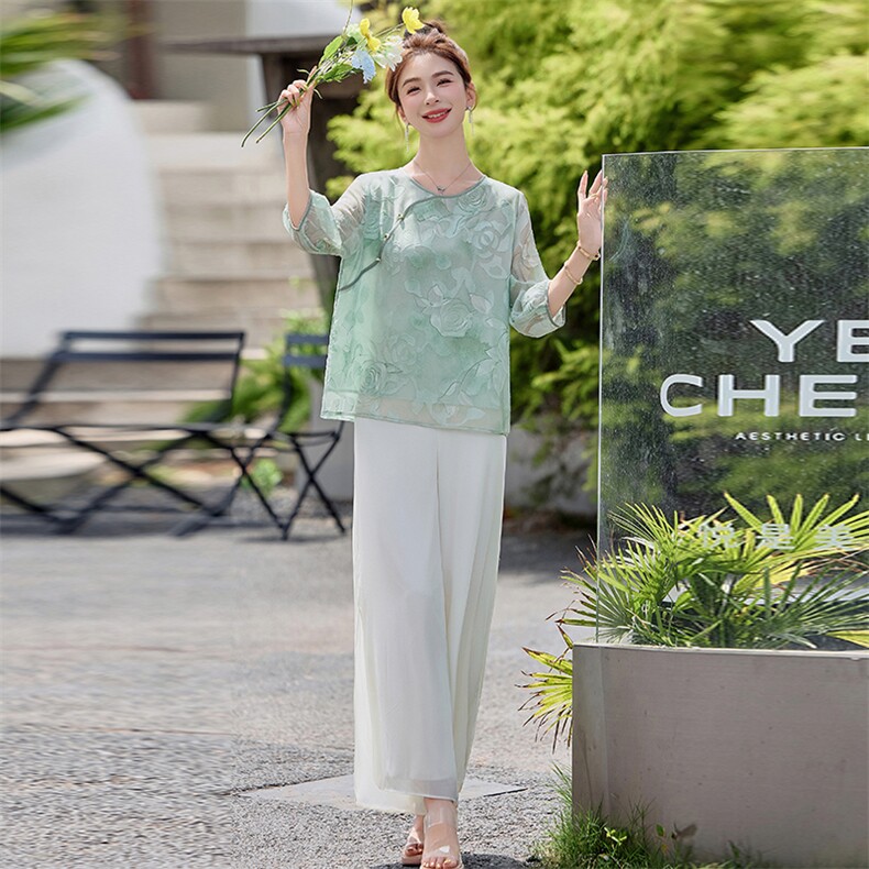 新中式上衣女2025夏季新款中袖国风高端印花遮肉年轻大码薄款衬衫,女装衬衫,妃曼