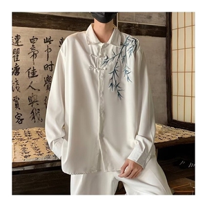 中古风风刺绣衬衫男秋季新款大码宽松长袖衬衣高级感痞帅男装潮图片