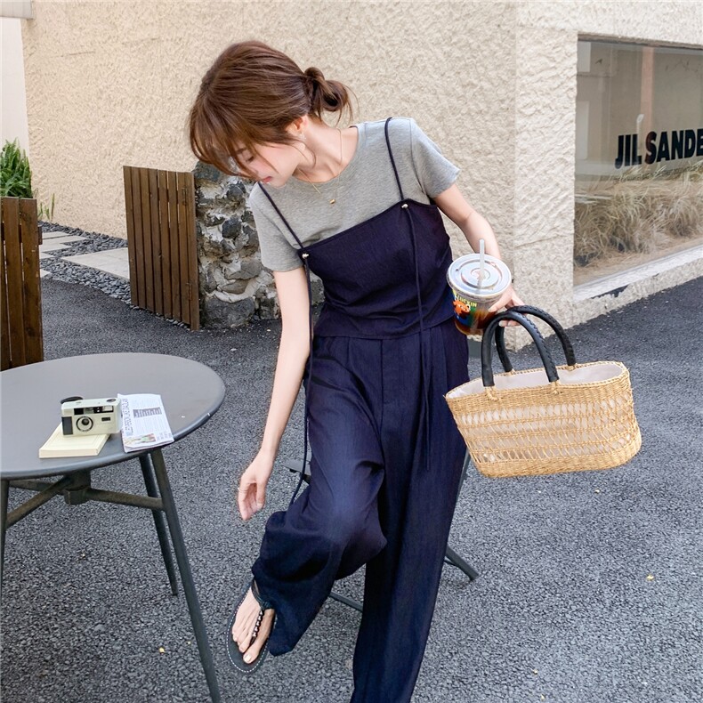淡人穿搭气质百搭套装2025夏新款吊带短袖T恤女高腰阔腿裤三件套，女装套装/套裙，维壹