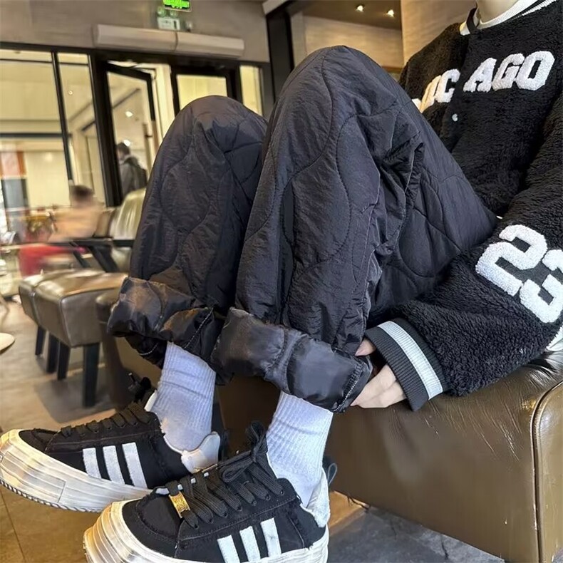 黑色葫芦纹夹棉羽绒棉裤男女外穿保暖防风束脚裤子冬季加厚运动裤,男装休闲裤,星座601-2