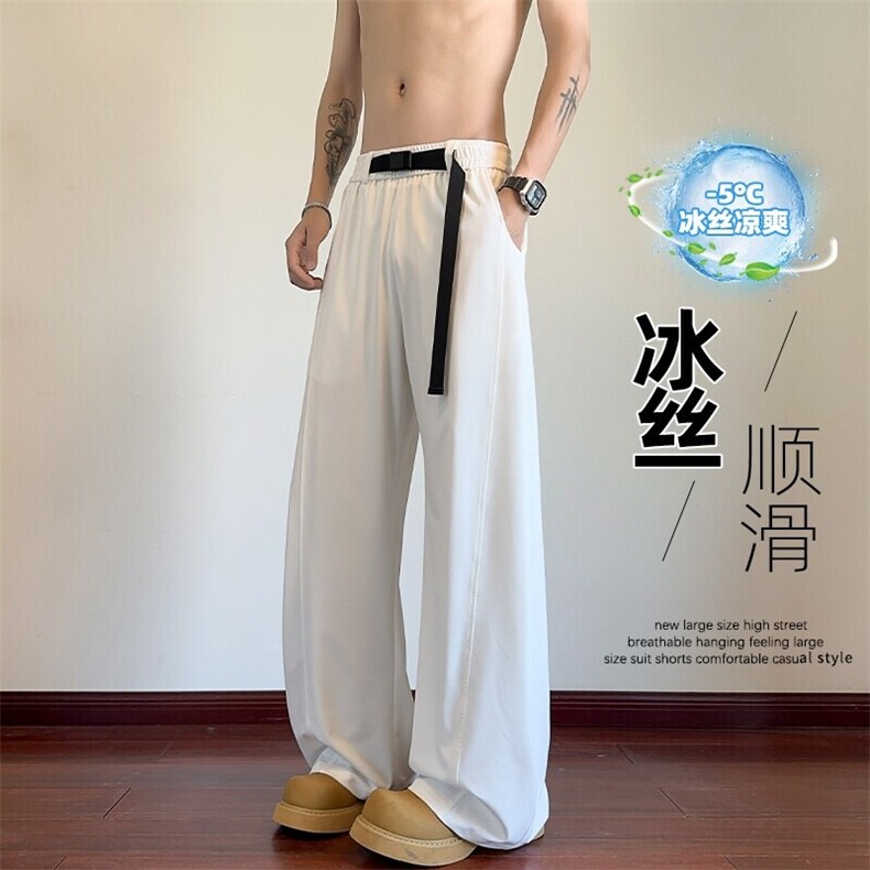 特批P35无差价2025夏季高街冰丝垂感凉爽拼接大码弯刀裤男K5611B,男装休闲裤,电商A001