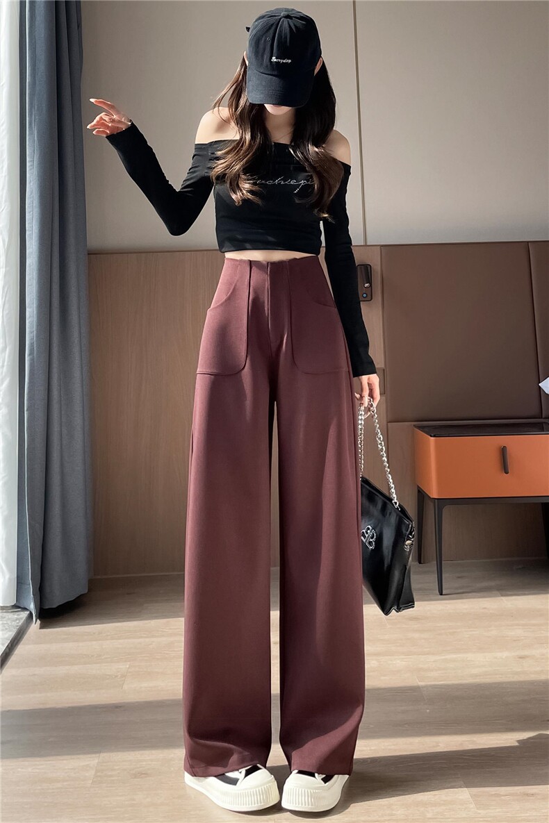 红色高级感窄版西装阔腿裤女秋新款高腰垂感显瘦休闲裤直筒拖地裤,女装休闲裤,梦白服饰厂