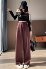 红色高级感窄版西装阔腿裤女秋新款高腰垂感显瘦休闲裤直筒拖地裤，女装休闲裤，梦白服饰厂