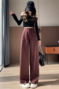 红色高级感窄版西装阔腿裤女秋新款高腰垂感显瘦休闲裤直筒拖地裤图片