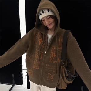 韩chic秋冬圣诞感气质连帽双开拉链图案提花设计针织保暖毛衣女图片