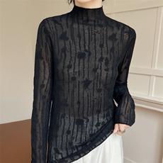 淑女风半高领欧根纱针织衫女长袖修身法式气质性感打底衫上衣，女装针织衫/毛衣，雪真羊绒