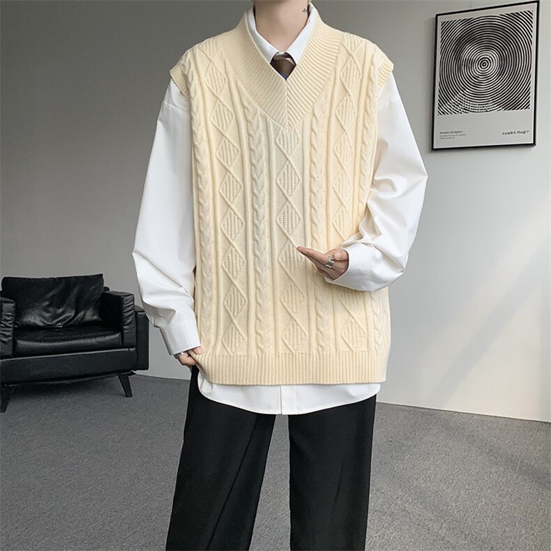 韩系叠穿复古麻花针织衫马甲男学院风早秋穿搭上衣服背心9097P58，男装背心/马甲，电商B312