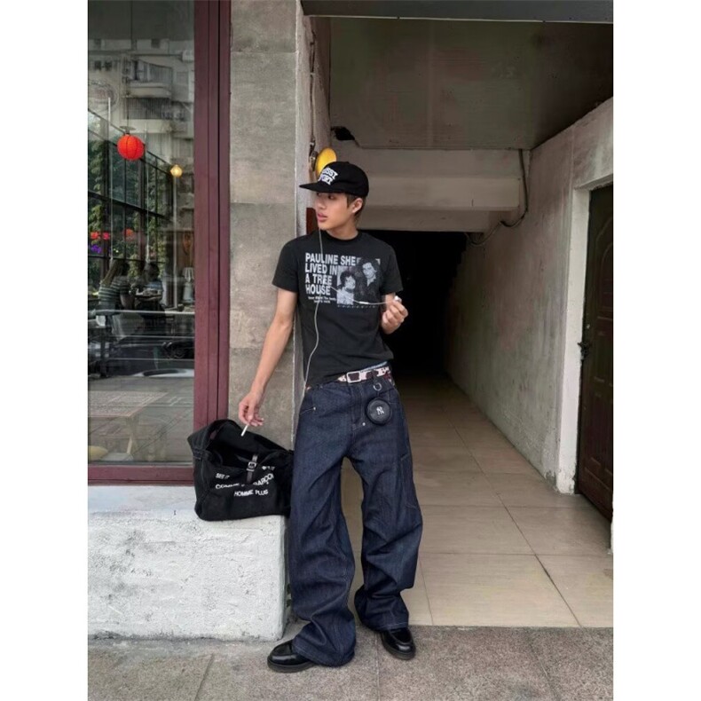GG美式丹宁蓝设计感宽松直筒刺绣牛仔裤男hiphop休闲vibe风长裤,男装牛仔裤,四季星座505
