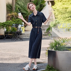 官方牛仔拼接撞色连衣裙女2025夏季新款收腰显瘦开叉长裙，女装连衣裙，E百度