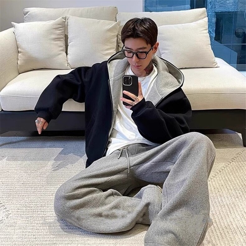 美式潮牌慵懒风拼色双拉链设计2025春季新款连帽休闲长袖男装上衣,男装卫衣,星座715-4