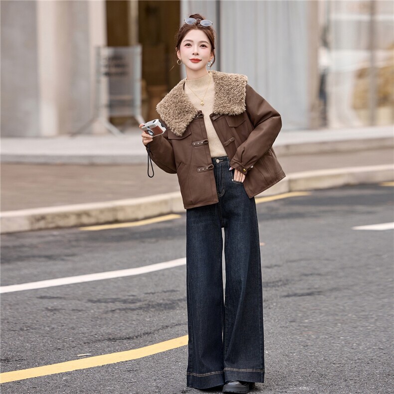 美拉德咖色羊羔毛翻领皮衣短外套女气质百搭夹棉夹克外套，女装皮衣，涵墨