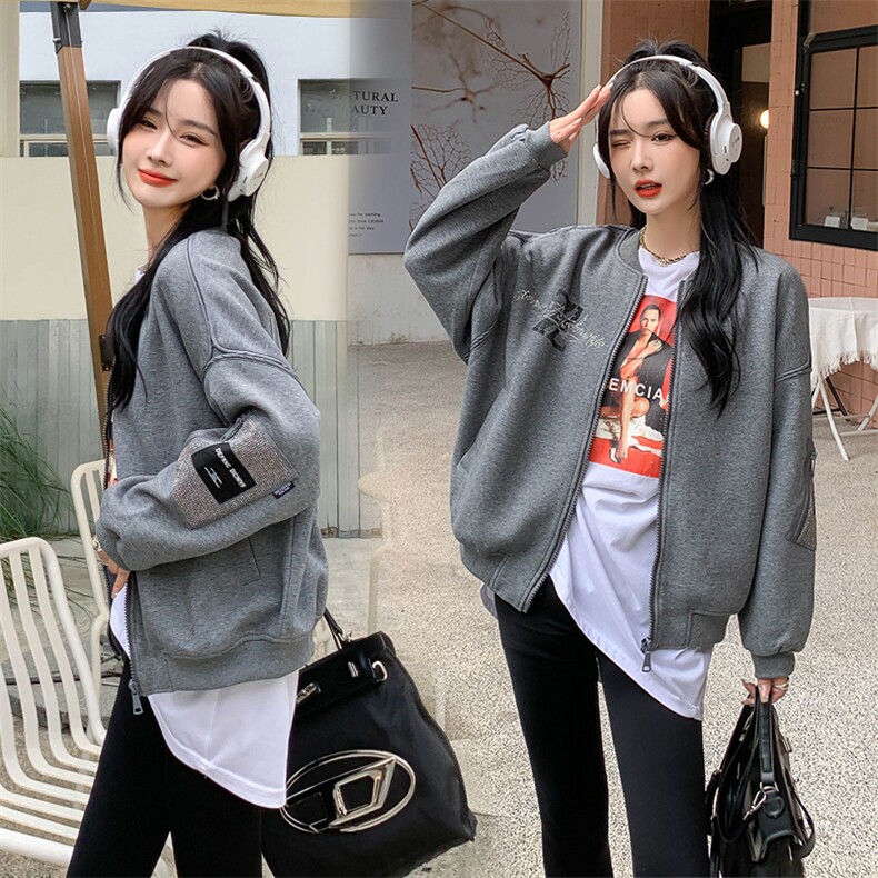现货2024年春季新款时尚休闲重工烫钻贴标棒球服外套女,女装短外套,MQ