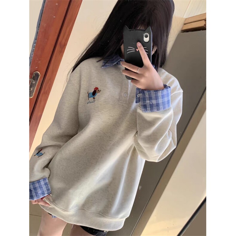 美式学院风polo领卡通卫衣女秋冬新款衬衫拼接假两件外套WY02,男装衬衫,星座1116A（原606A-3）