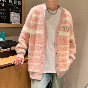 美式拼接撞色条纹开衫V领毛衣男女学院风韩系软糯情侣同款外套图片
