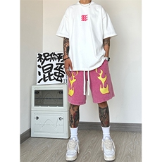 港风纯棉320G重磅水洗做旧印花短裤A014-DY2375-P50控68，男装牛仔裤，电商A014