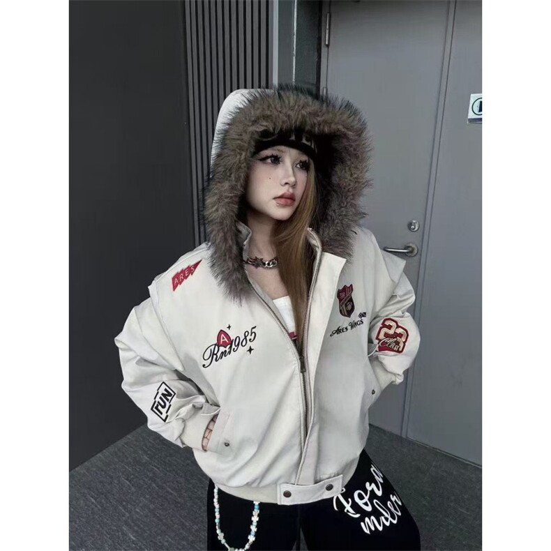 1506/QA9780/P84潮复古勋章刺绣毛领连帽冬季保暖派克服情侣,男装棉衣,星座1506