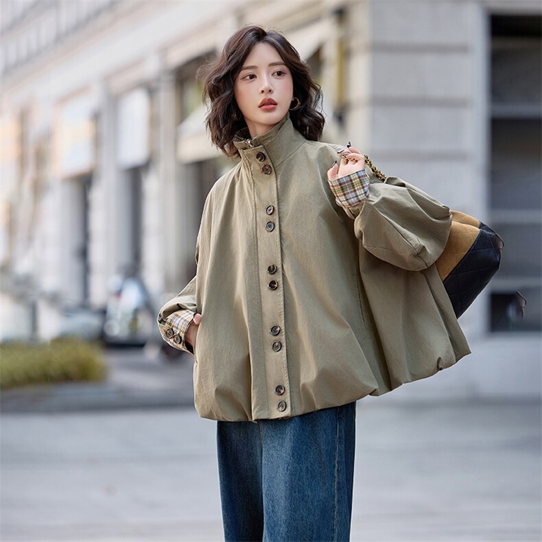水衣源2796款灯笼外套女咸菜绿立领格子拼接洋气一手长风衣,女装风衣,水衣源