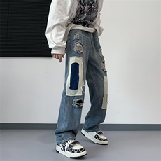 西海岸美式vibe裤子高街拼接破洞牛仔裤男款夏季乞丐裤K6039-P55，男装牛仔裤，星座1109-3