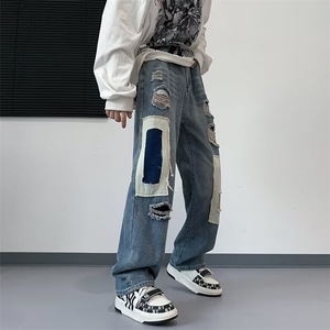 西海岸美式vibe裤子高街拼接破洞牛仔裤男款夏季乞丐裤K6039-P55图片
