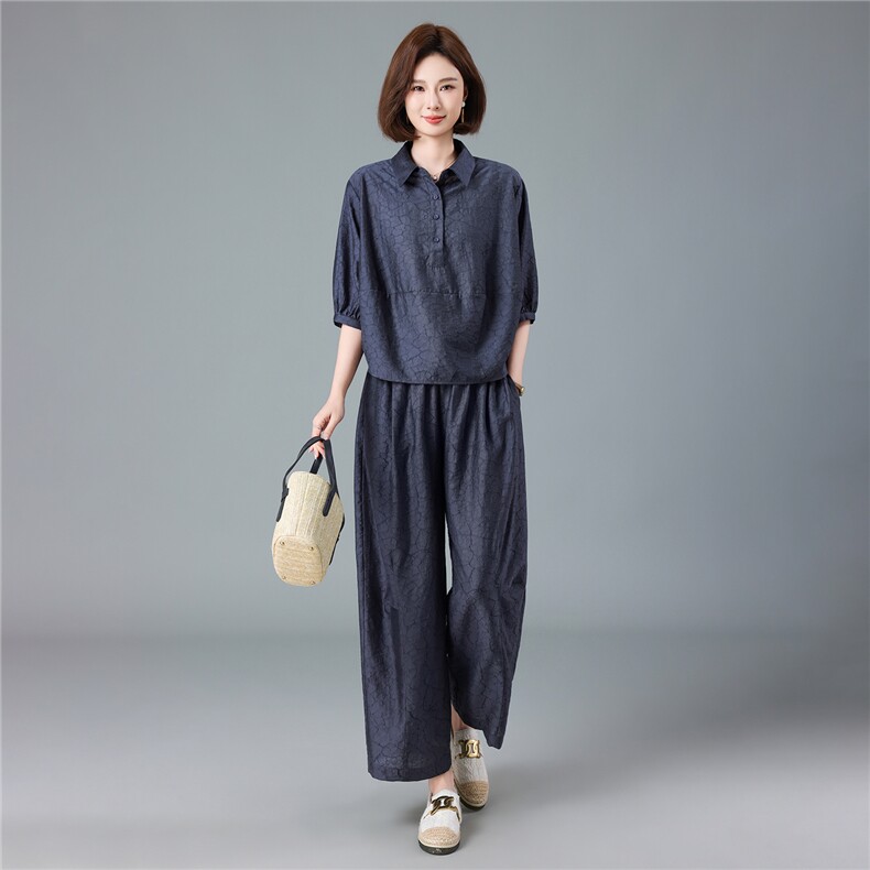 现货2026夏季新款宽松大码洋气减龄莱赛尔提花衬衫套装两件套,女装套装/套裙,深水步