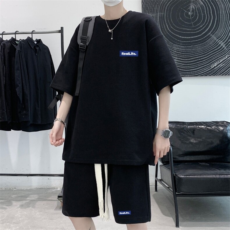 套装！夏季华夫格套装男T恤短裤两件套大码港风HDX323+HD323-P50,男装T恤,电商B371