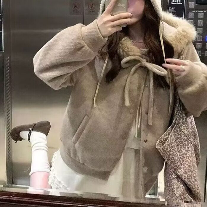 潮牌美式复古毛呢连帽女2025秋冬季宽松百搭拉链情侣高级感外套,女装短外套,星座506A