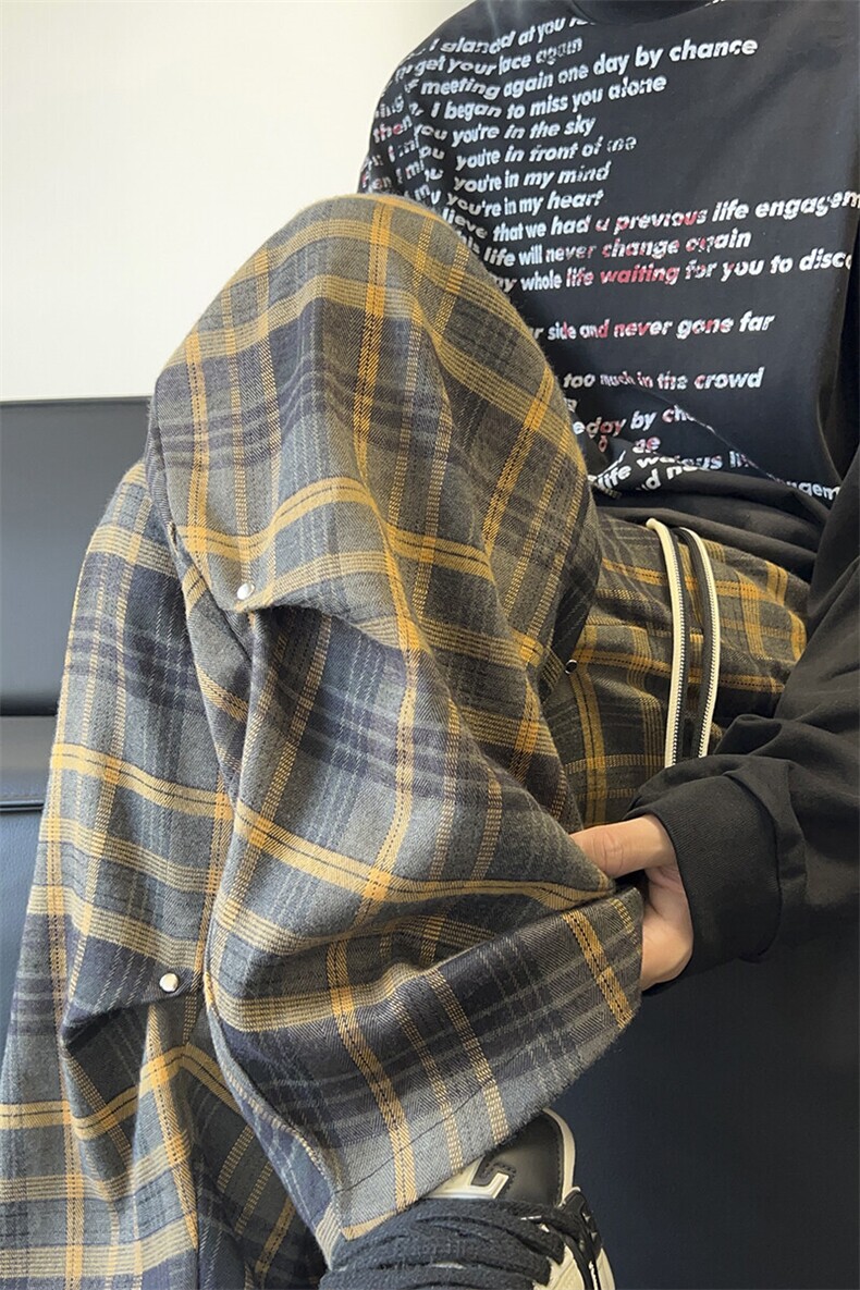 春季复古格子裤褶皱伞兵休闲裤直筒拖地裤A486特P45控68,男装休闲裤,电商A309
