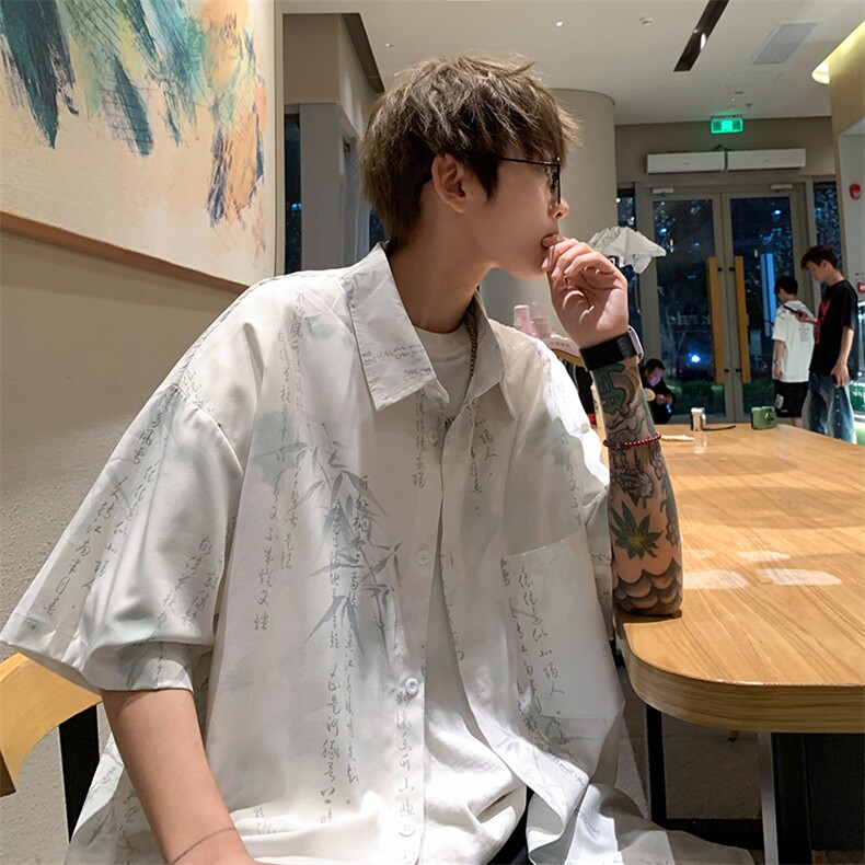 特批P25无差价夏季新中式冰丝垂感风设计感短袖衬衫男士CD2266,男装衬衫,电商A001-1