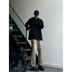 欧美hiphop街头破洞牛仔裤直筒微喇叭修身vibe美式乞丐裤潮牌，男装牛仔裤，星座310A-4