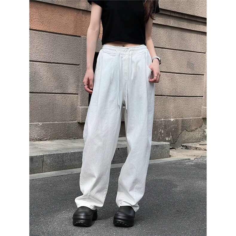 松弛感日系白色工装裤休闲裤子女2025夏季松紧腰运动高腰阔腿裤子,男装工装外套,星座506A