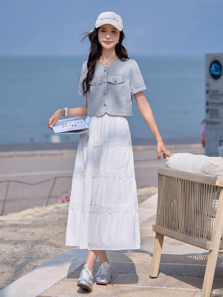 时尚小香风桃心扣短外套蕾丝花边吊带裙两件套夏季新款套装,女装套装/套裙,韩蔻秀
