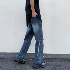 美式街头破洞牛仔裤男直筒宽松欧美高街vibe风长裤子N08034-P45，男装牛仔裤，星座308B-1