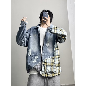 百搭不规则格子拼接破洞牛仔外套原宿气质慵懒潮流新款时尚日系图片