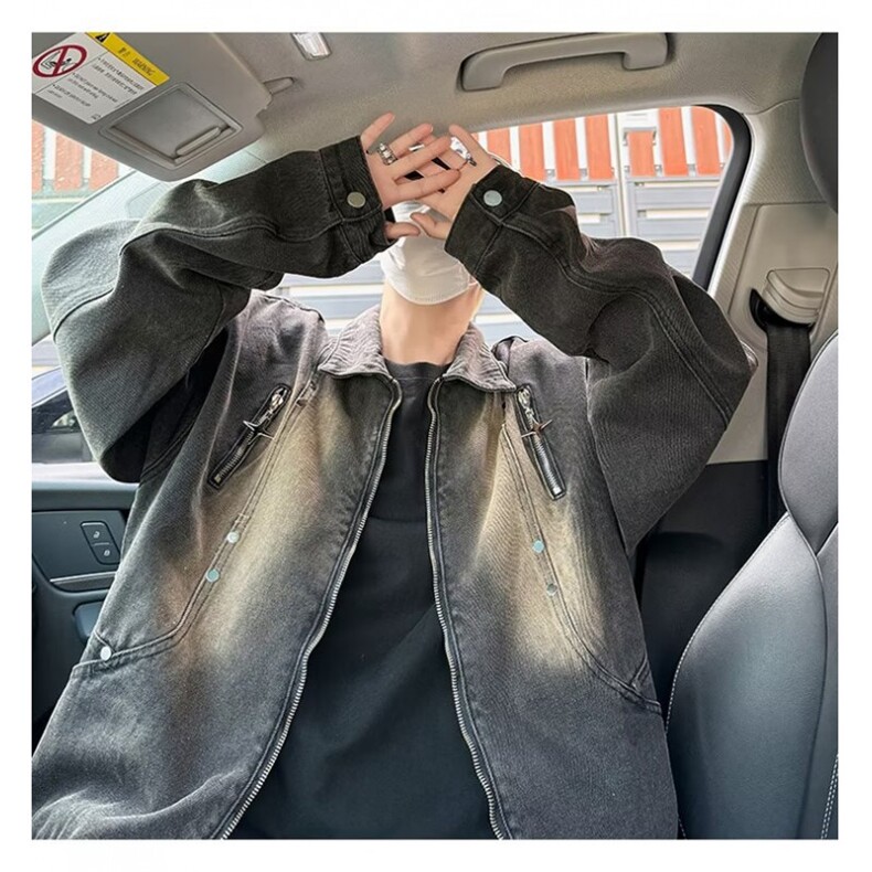拉链设计感牛仔外套男生宽松春秋复古做旧痞帅炸街夹克潮2183/P70,男装工装外套,星座506