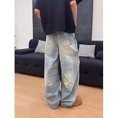 美式复古竹节纹弯刀牛仔裤男高级感小众痞帅裤子情侣潮牌，男装牛仔裤，星座506A