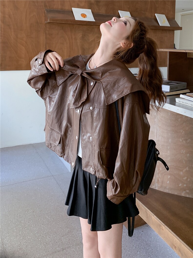 美拉德风娃娃领短款PU皮衣外套女2025年春秋季新款设计感减龄夹克,女装皮衣,蝶眷
